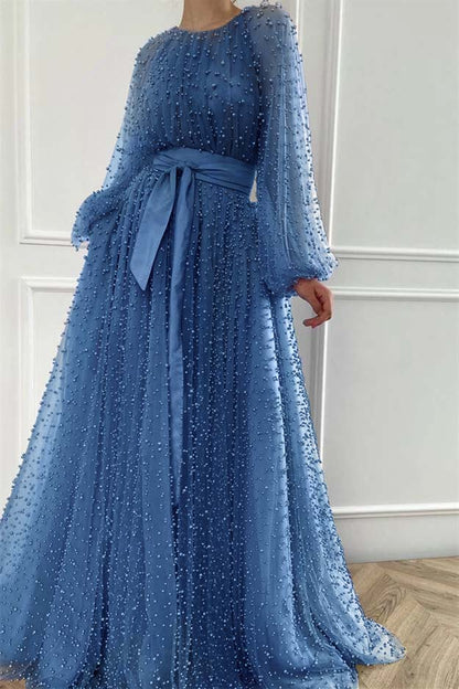 Long Sleeves Long Jewel Neck Prom Dress With Pleated Beading