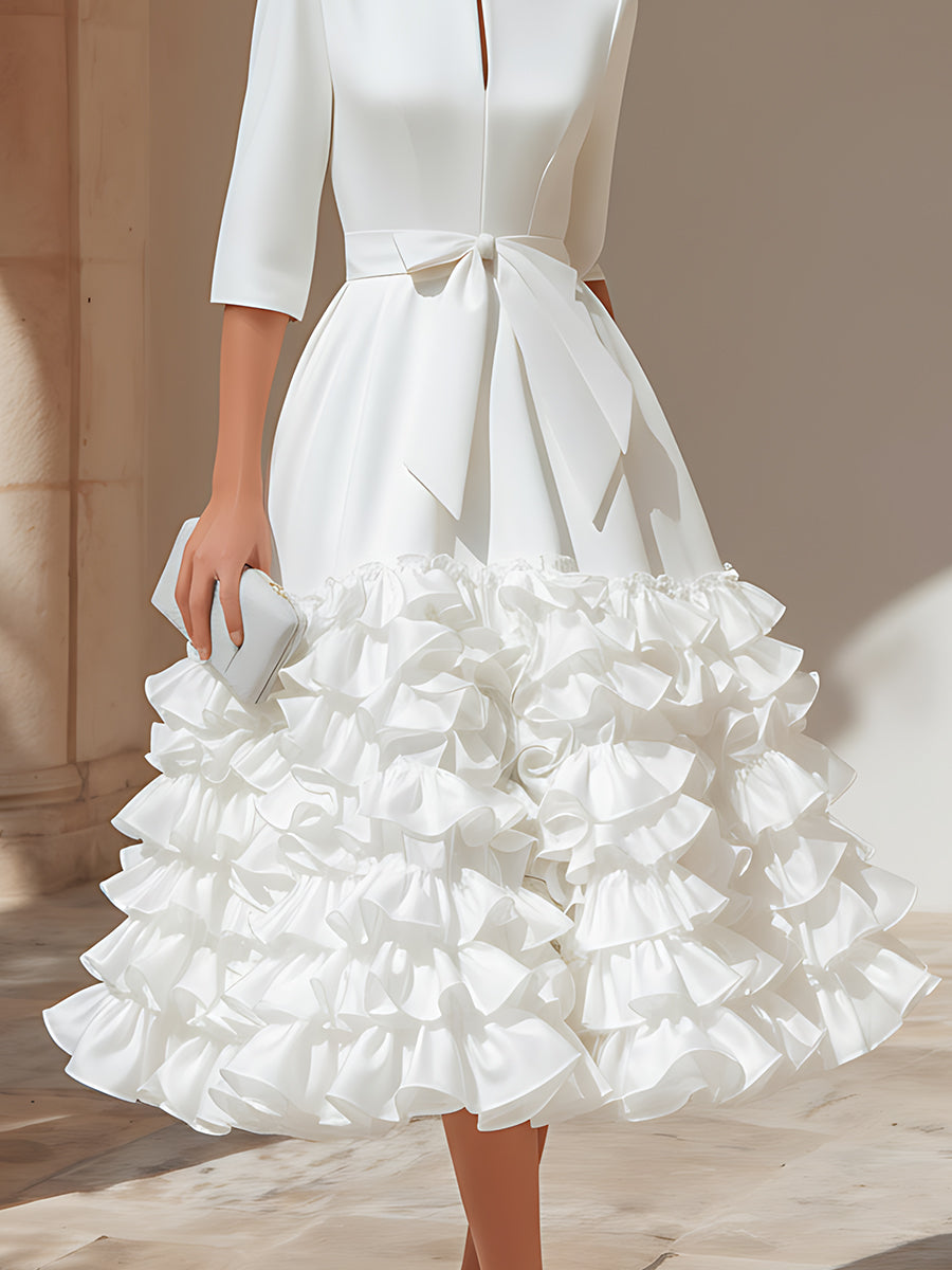 Belted Ruffled-Hem Midi Dress