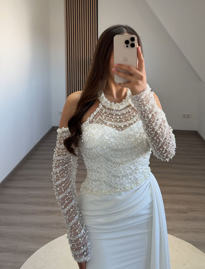 Dusty Sage Long Sleeves Off-Shoulder Feathers Evening Dress