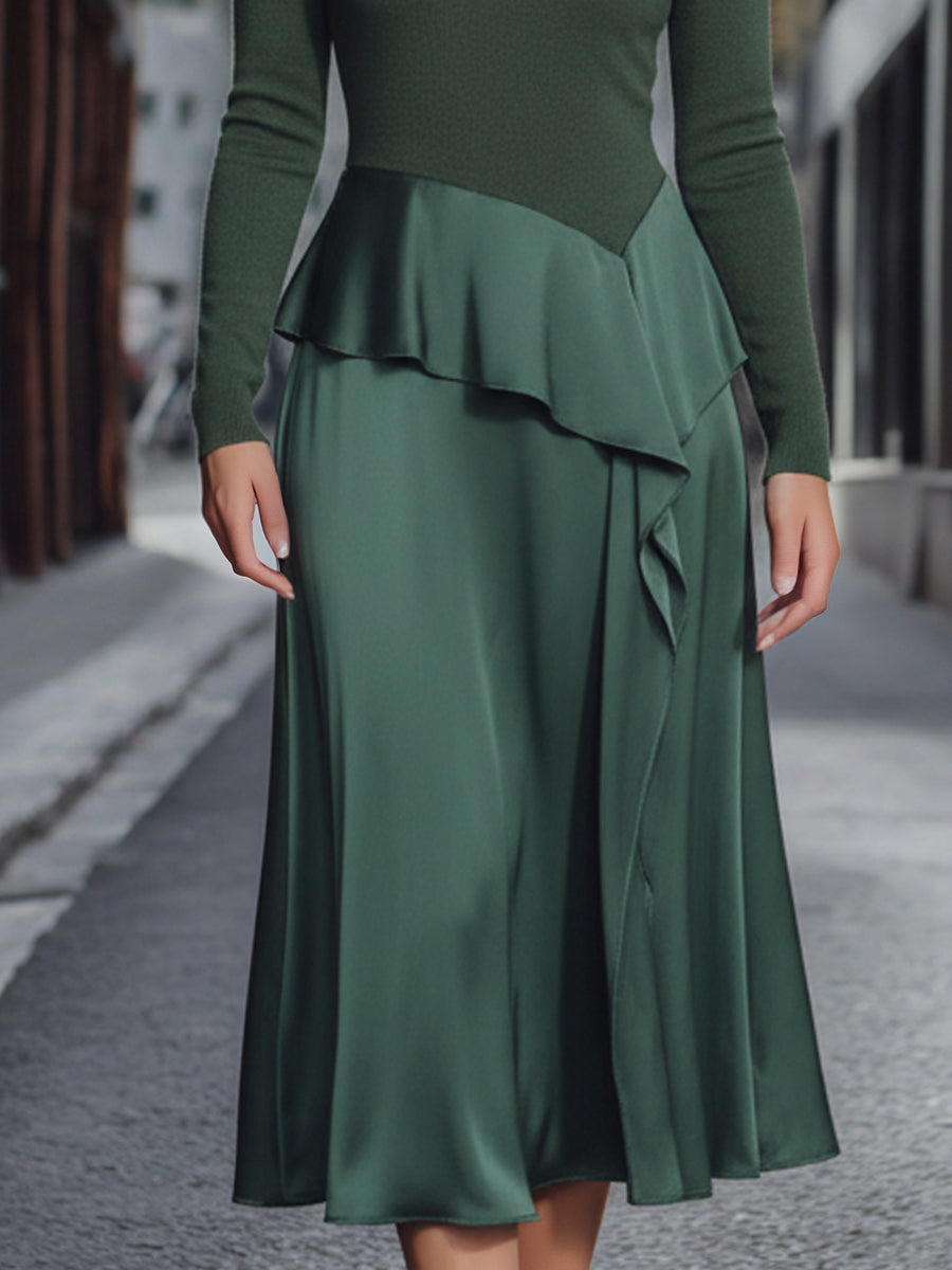 Knit Bodice Midi Dress With Satin Asymmetrical Ruffle Skirt