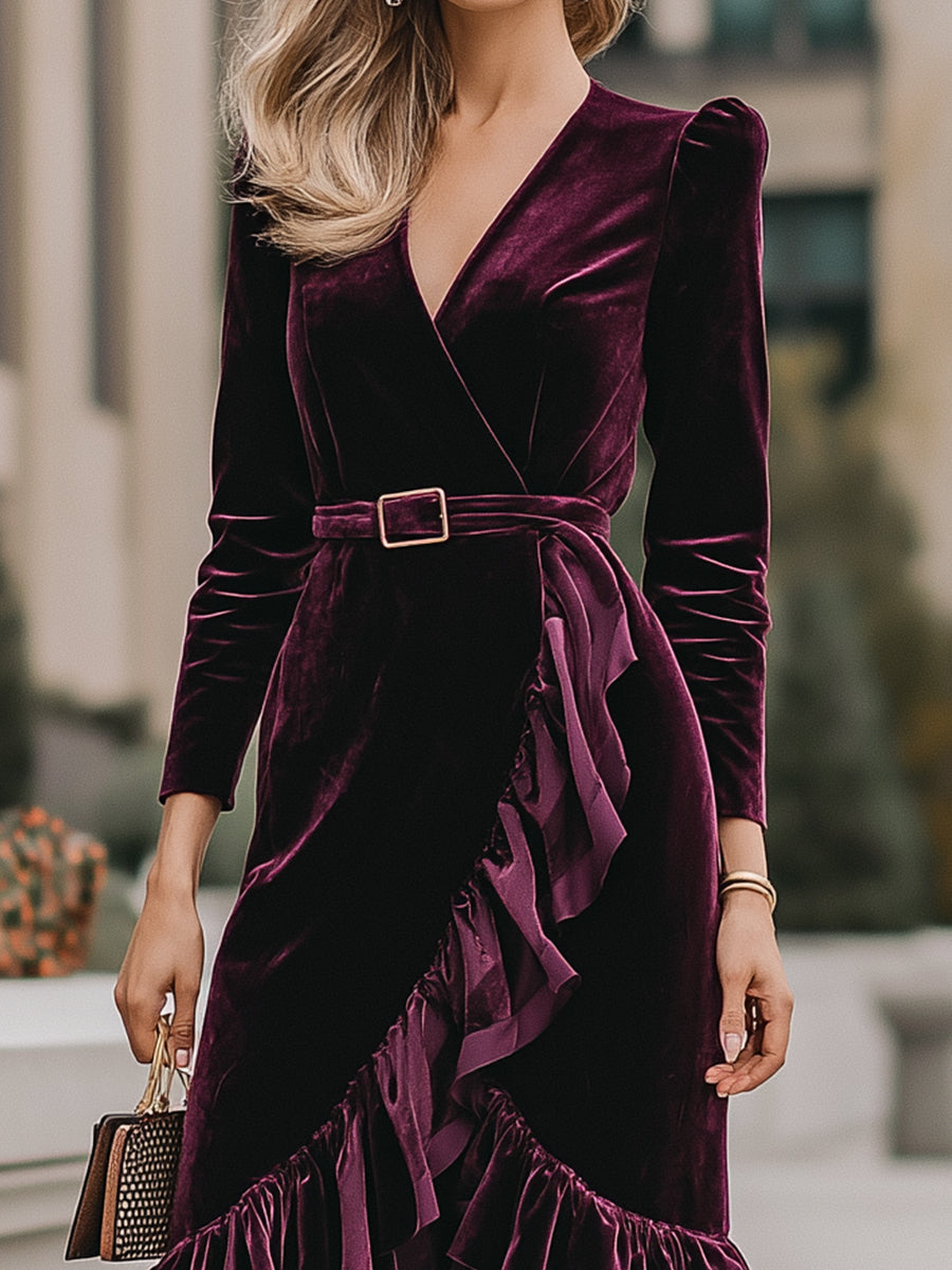 VOS LEE Ruffle-Wrap Velvet Midi Dress In Wine Plum