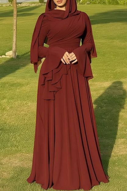 Plain Layered Flared Sleeve Cinch Waist Party Maxi Dress