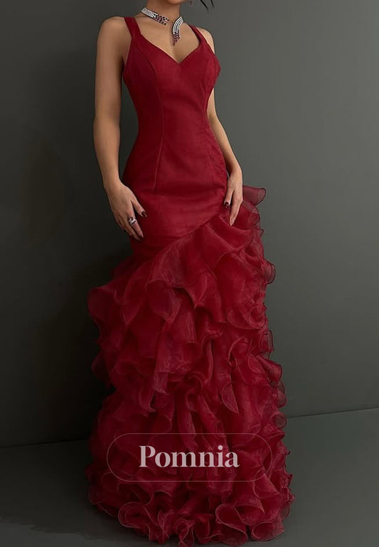 Red Spaghetti Straps Square Ruffles A-Line Prom Dress