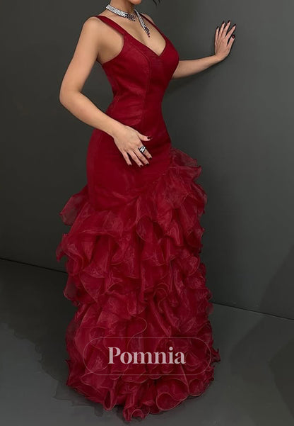 Red Spaghetti Straps Square Ruffles A-Line Prom Dress
