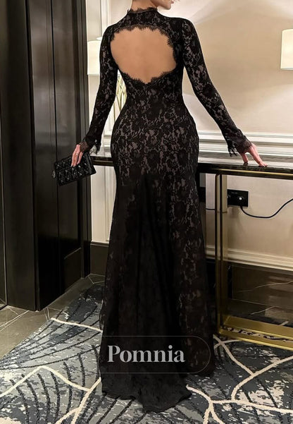 Black Long Sleeves High Neck Slit Lace Prom Dress