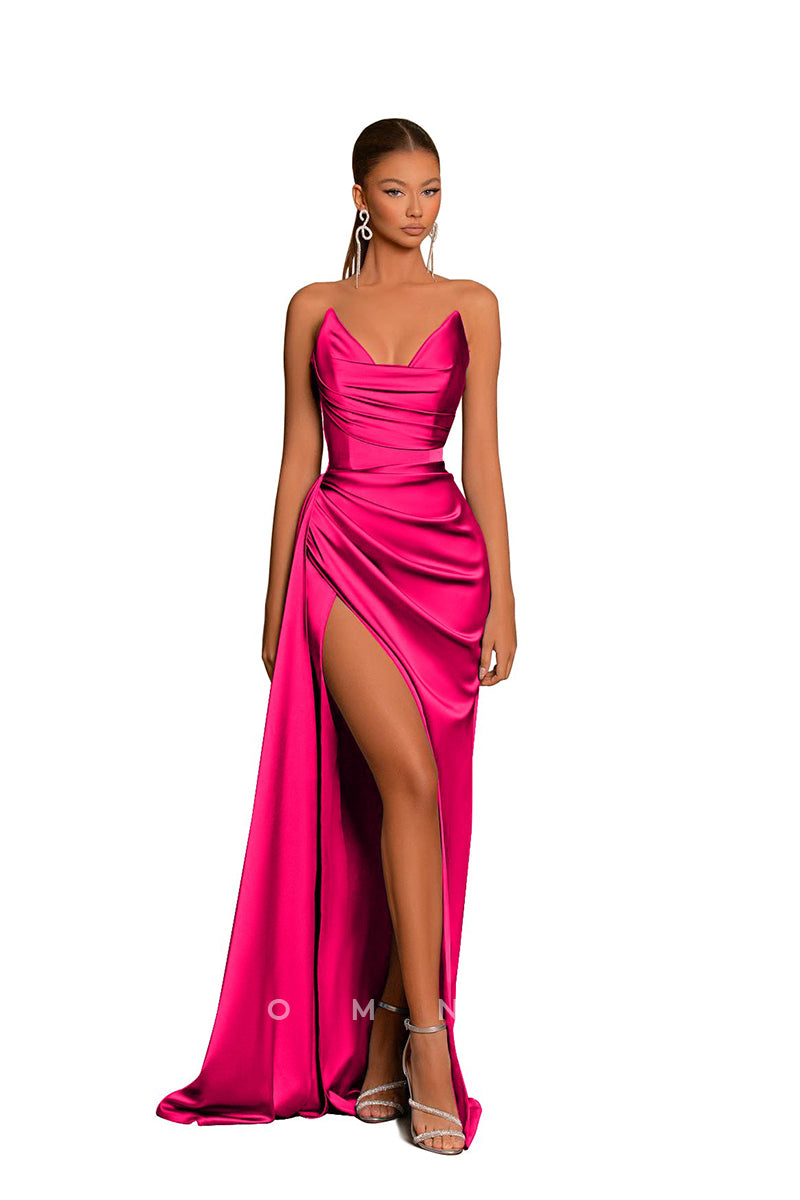 P1227 - Chic Strapless V-Neck Pleats Sleeveless Long Formal Evening Prom Dress with Slit