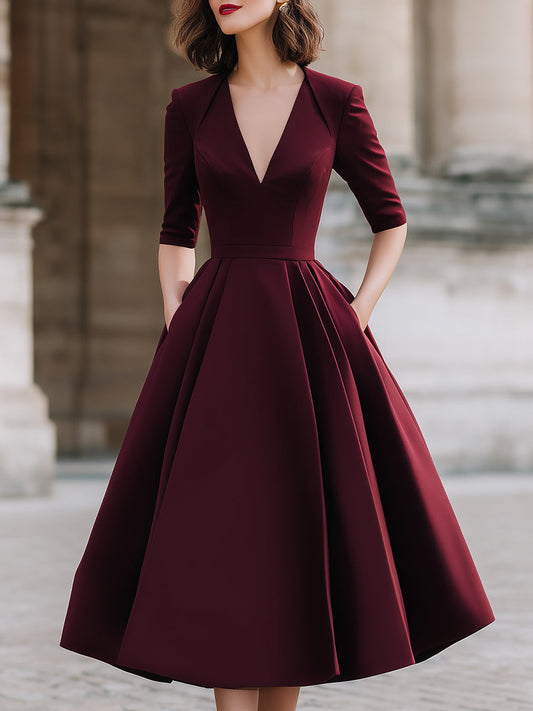 Elegant Deep V-Neck Structured A-Line Midi Dress