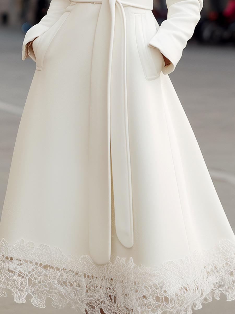 Elegant White Lace-Trim Belted Coat Dress