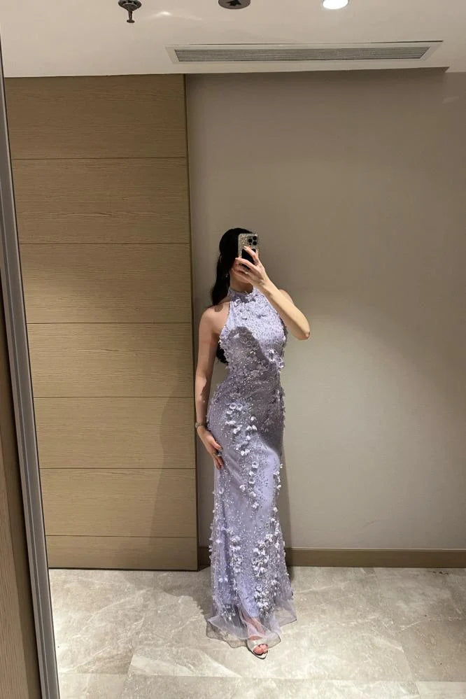 High Neck Detachable Lace Flowers Long Sleeve Mermaid Evening Dress