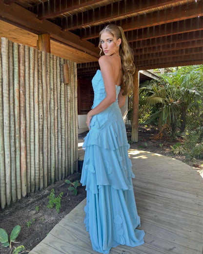 Chic Strapless Sleeveless Long Pleated Prom Dress With Ruffles