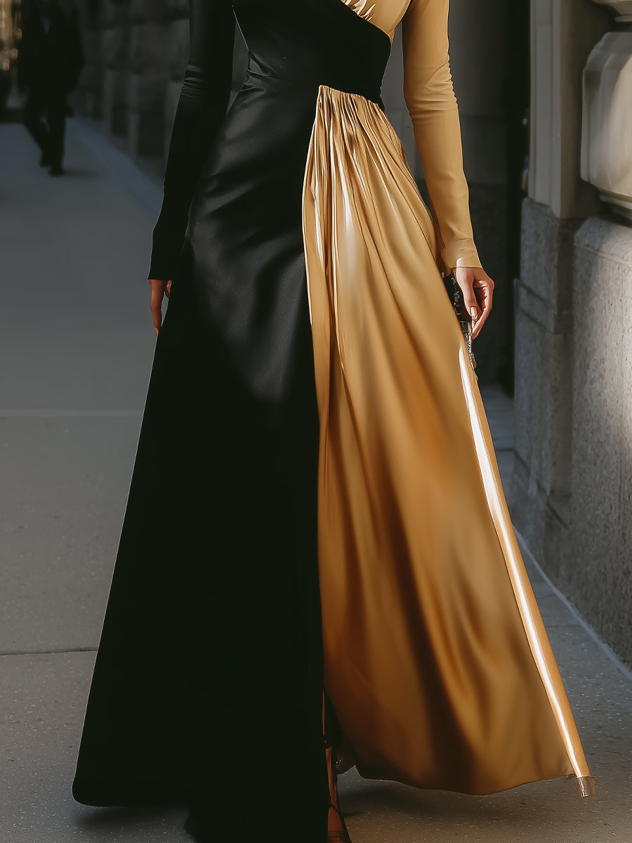 Black And Gold Asymmetric Long-Sleeve Evening Gown