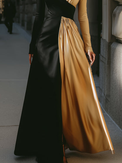 Black And Gold Asymmetric Long-Sleeve Evening Gown
