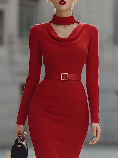 Glamorous Red Cowl Neck Cutout Belted Sheath Dress
