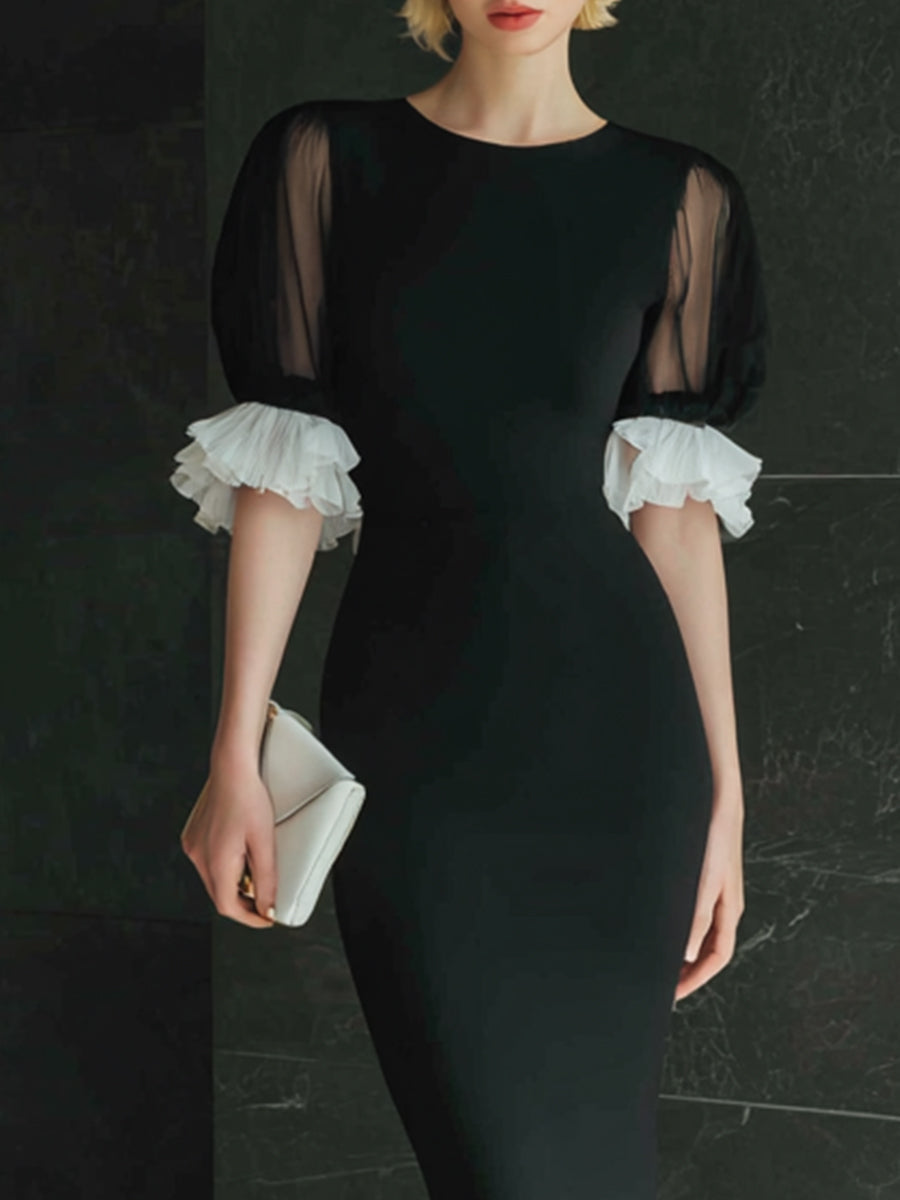 Black Midi Dress With Sheer Puff Sleeves And Pleated Trim