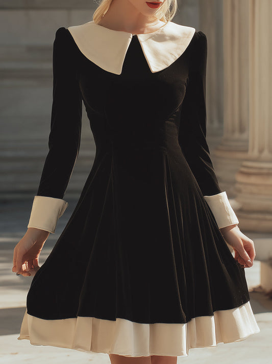 Vintage Contrast-Collar Velvet A-Line Dress