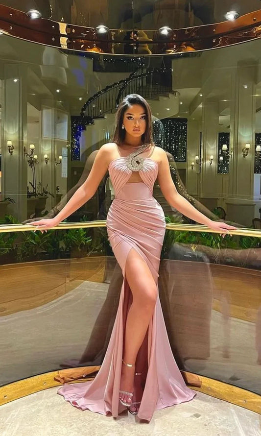 Stunning Pink Strapless Sleeveless Pleated Prom Dress with Split