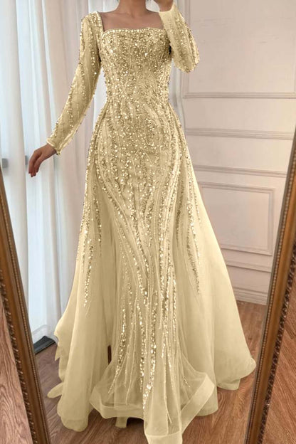 Square Neck Long Sleeves Long Mermaid Prom Dress With Beading Tulle