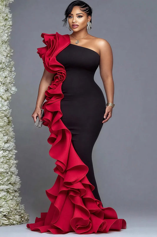 Formal Red Colorblock One Shoulder Ruffle Elegant Bodycon Maxi Dress