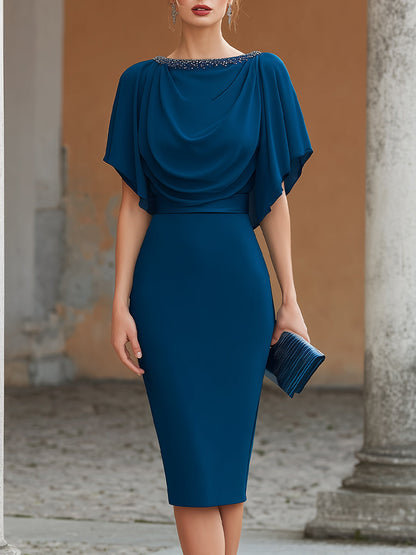 Embellished Neck Draped Capelet Midi Dress