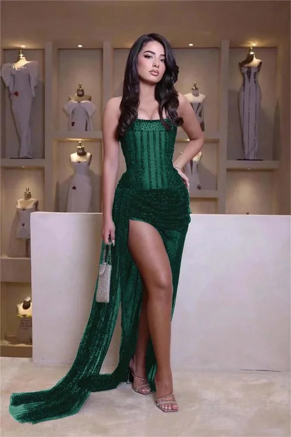 Stunning Black Tulle Strapless Sleeveless Mermaid Long Split Prom Dress with Beadings