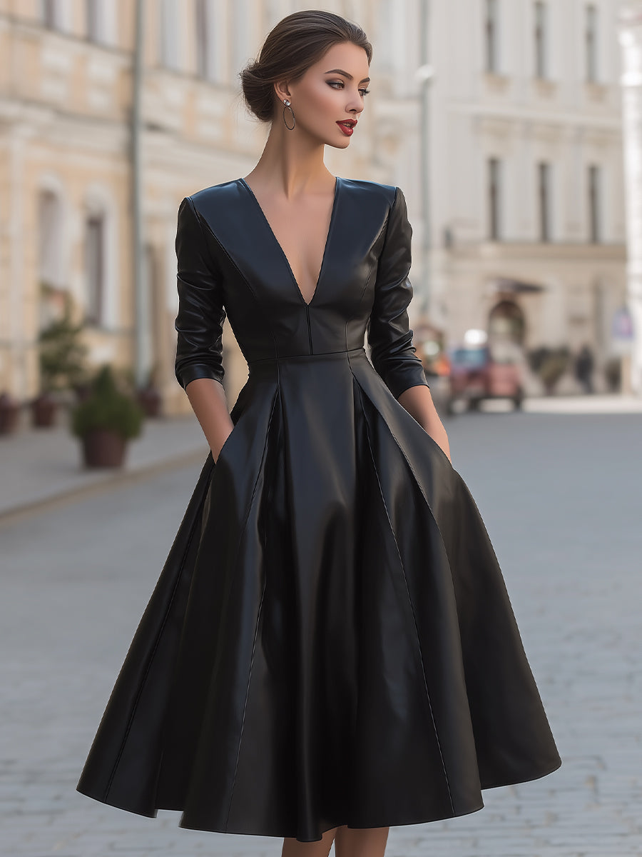 Elegant Deep V-Neck Faux Leather Pleated A-Line Midi Dress