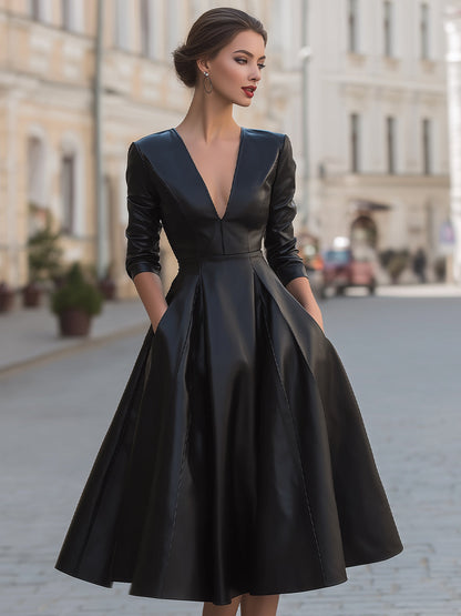 Elegant Deep V-Neck Faux Leather Pleated A-Line Midi Dress