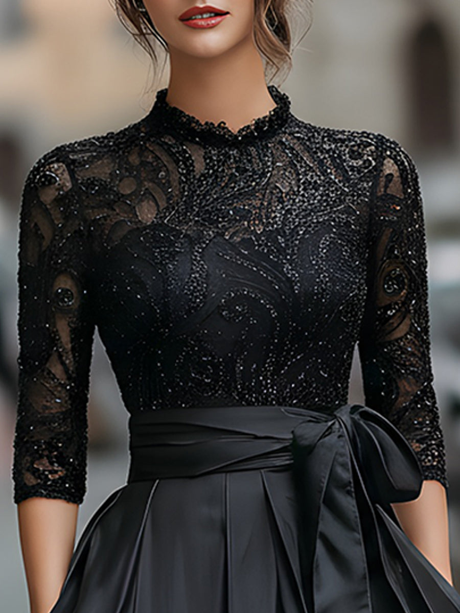 Elegant Black Lace Bodice Dress With Satin Pleated Skirt