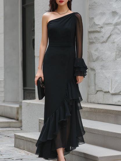 Mooyius One-Shoulder Sheer Ruffled Midi Dress