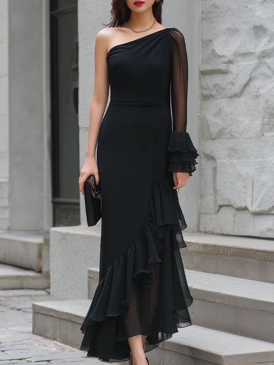 Mooyius One-Shoulder Sheer Ruffled Midi Dress