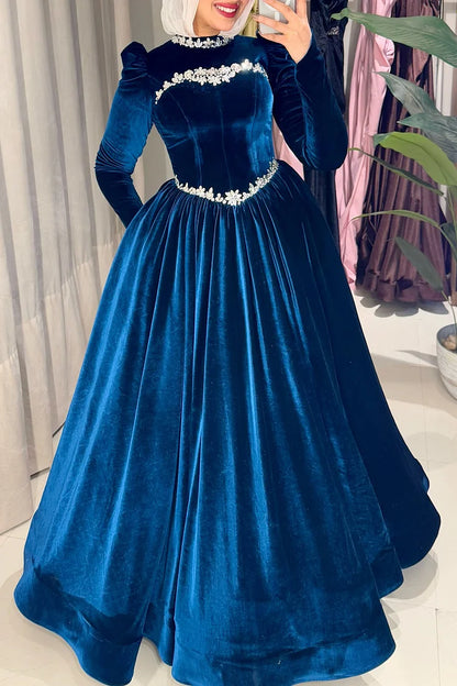 Rhinestone Corset Cinch Waist Mock Neck Party Maxi Dress