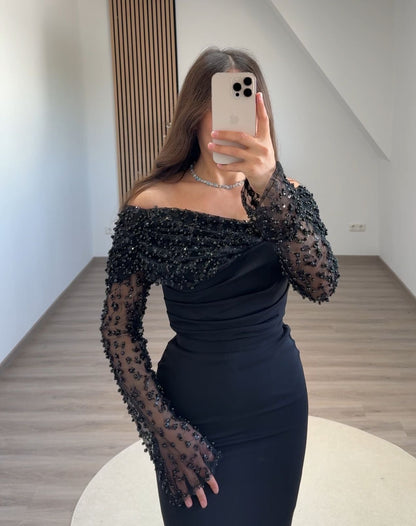 Long Sleeves Off-Shoulder Ruched Evening Dress