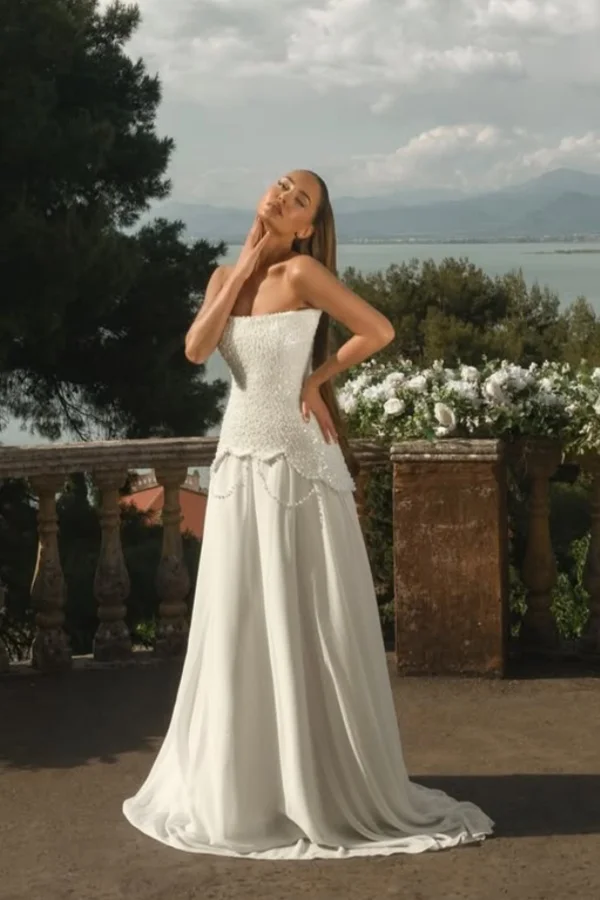 Chiffon Strapless Sleeveless Long A-Line Prom Dress With Beadings And Pearls