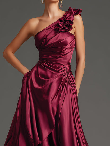 Burgundy One-Shoulder Floral Draped Couture Gown