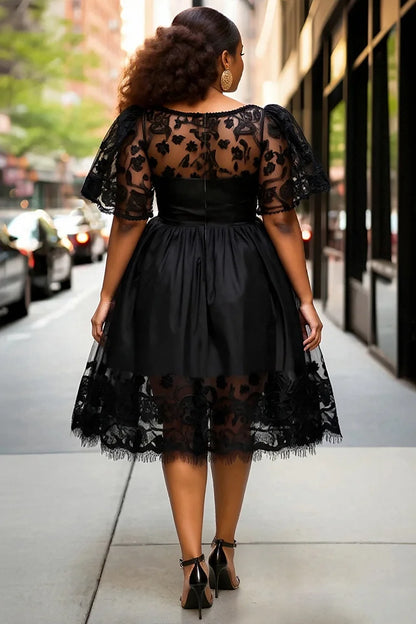 Party Black Boat Neck See Through Elegant Lace Tulle Midi Dresses