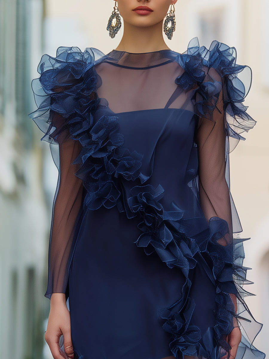 Midnight Blue Organza Ruffle Mini Dress