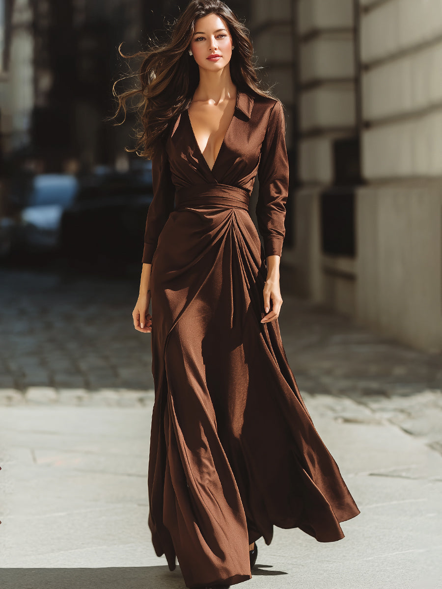 Mocha Satin Wrap Maxi Dress
