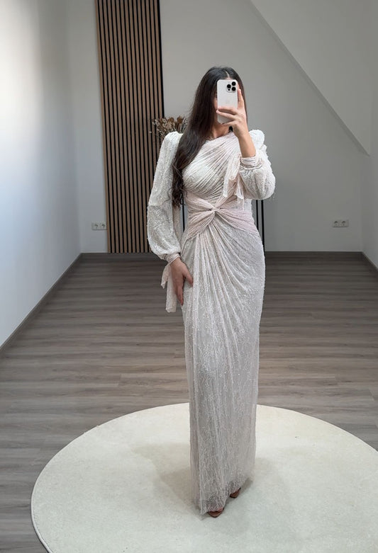 Long Sleves V-Neck Ruched Evening Dress