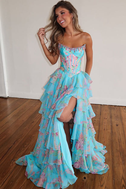 New Arrival A Line Scoop Neck Floral Chiffon Prom Dress with Beading