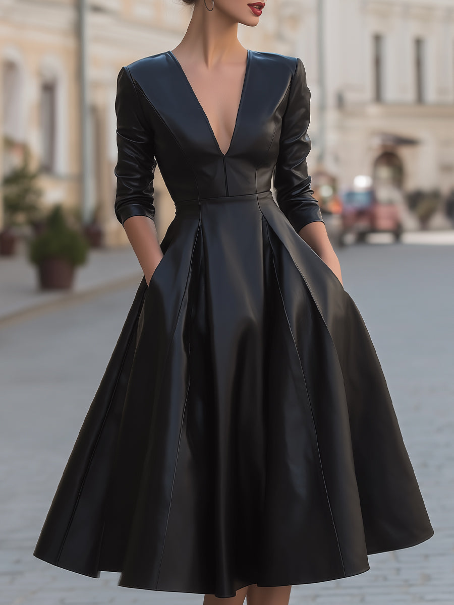 Elegant Deep V-Neck Faux Leather Pleated A-Line Midi Dress