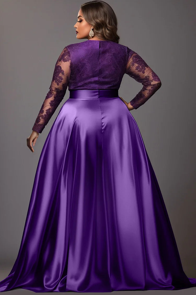 Formal Purple V Neck Long Sleeve Split See Through Lace Satin Maxi Dresses