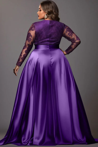 Formal Purple V Neck Long Sleeve Split See Through Lace Satin Maxi Dresses