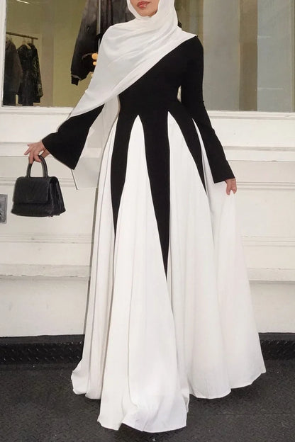 Bow Decor Long Sleeve Round Neck Colorblock Party Maxi Dresses