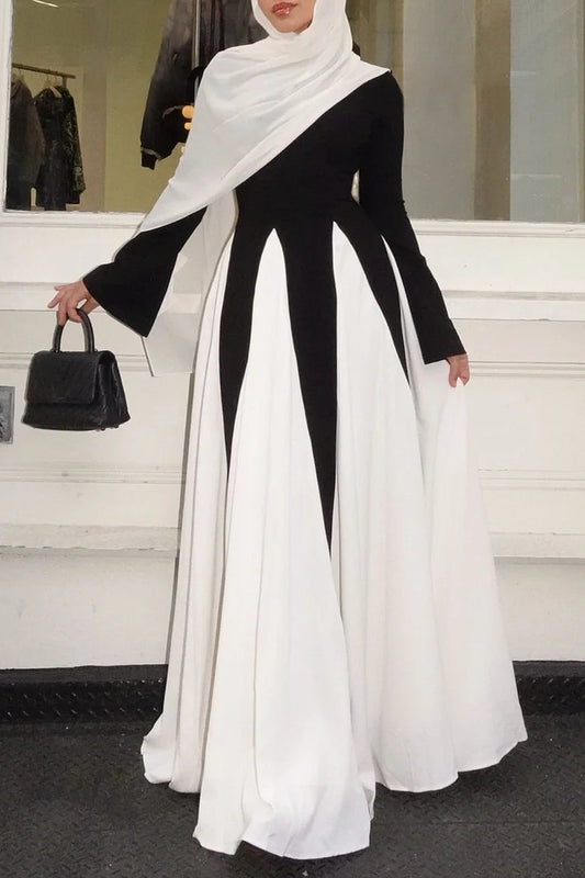 Bow Decor Long Sleeve Round Neck Colorblock Party Maxi Dresses
