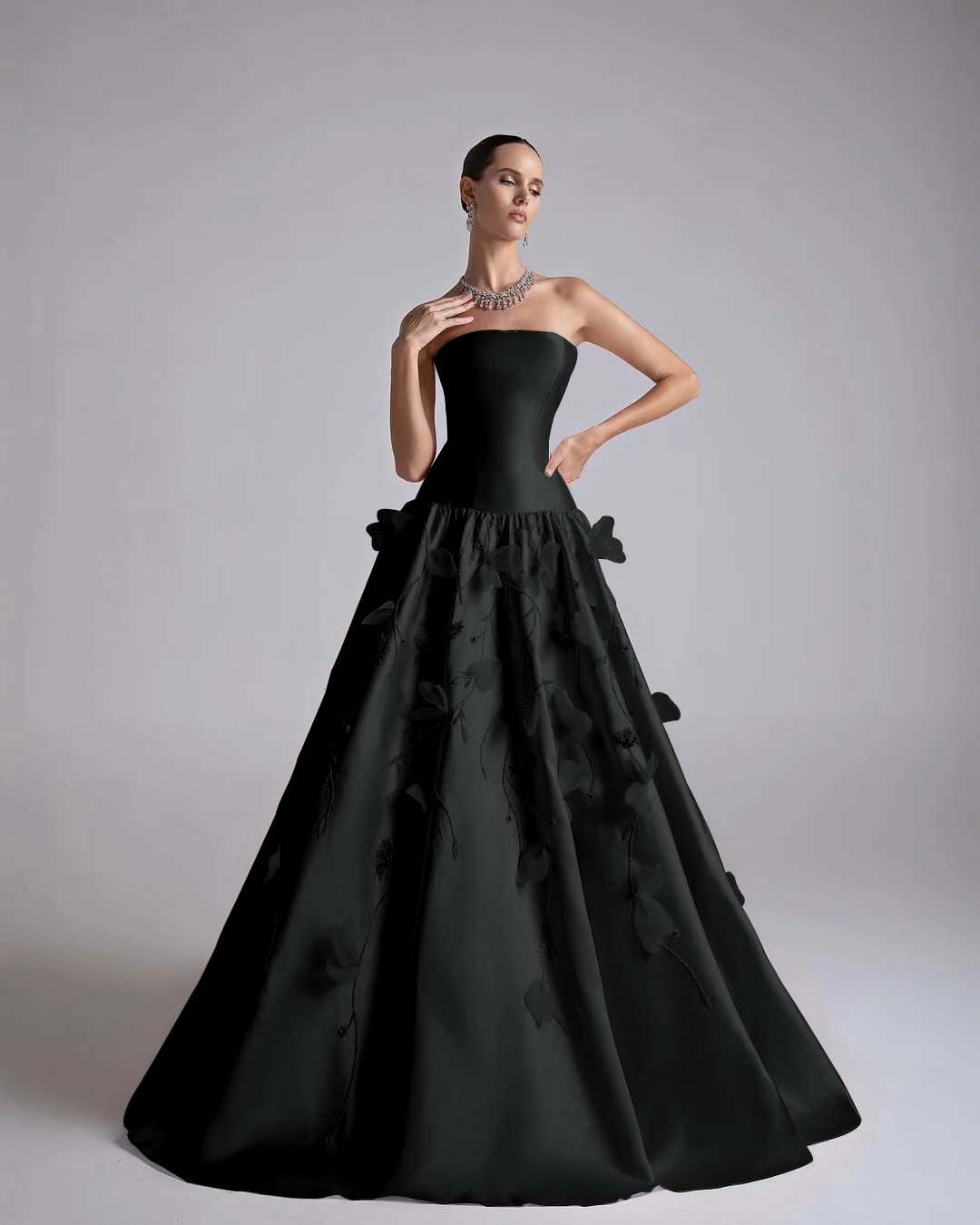 Strapless Sleeveless Long A-Line Prom Dress With Flower Appliqués And Beadings