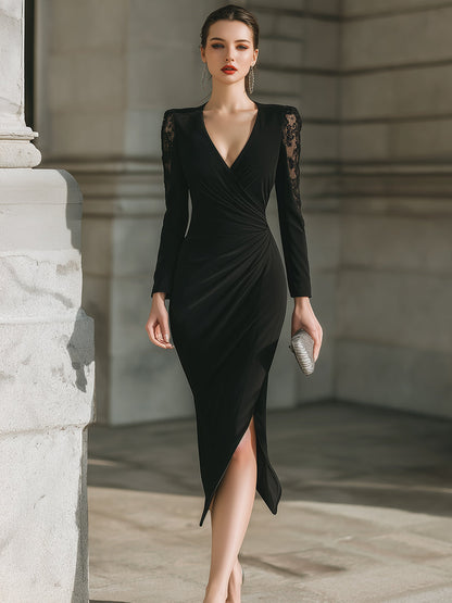 Lace-Panel Draped V-Neck Midi Dress