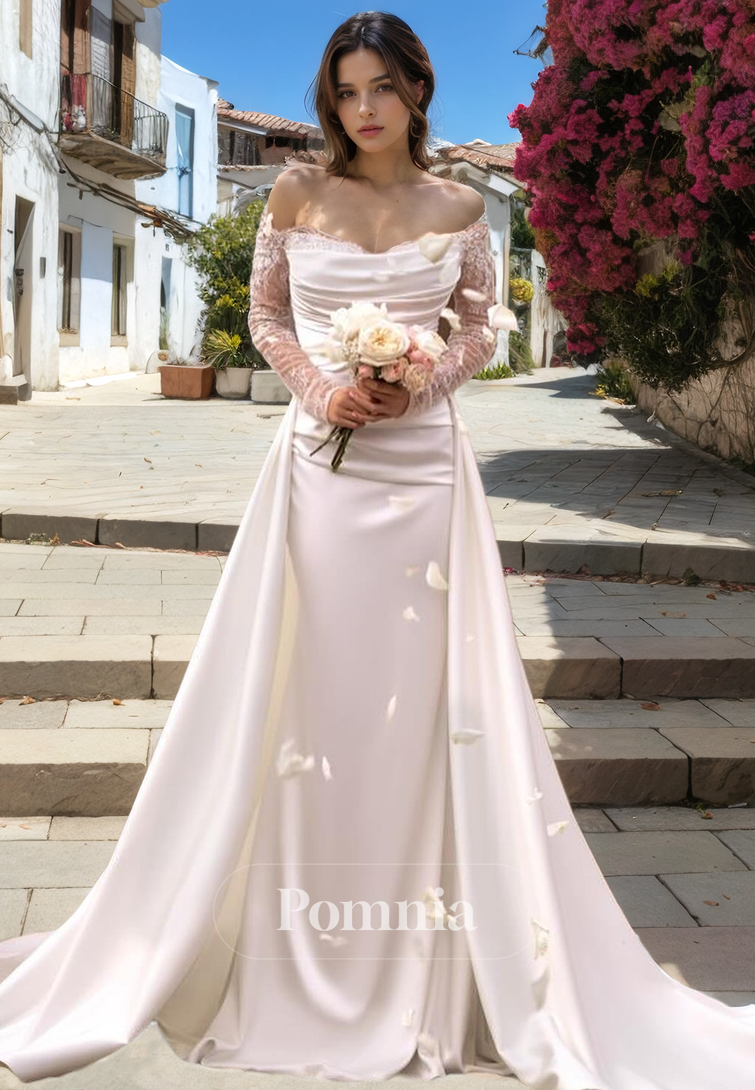 P3171 - Strapless Mermaid Long Sleeves Pleated Satin Long Beach Wedding Dress