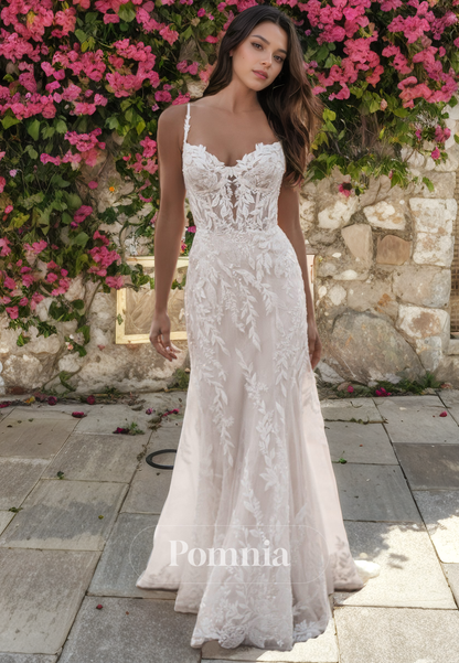 Spaghetti Straps Mermaid Lace Appliques V-Neck Long Bohemian Wedding Dress