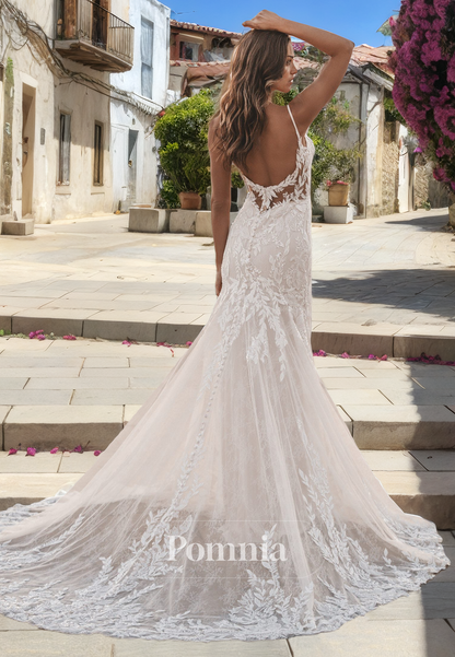 Spaghetti Straps Mermaid Lace Appliques V-Neck Long Bohemian Wedding Dress