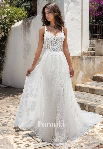 Unique Straps Detachable Train Lace Appliques Sleeveless Long Boho Wedding Dress