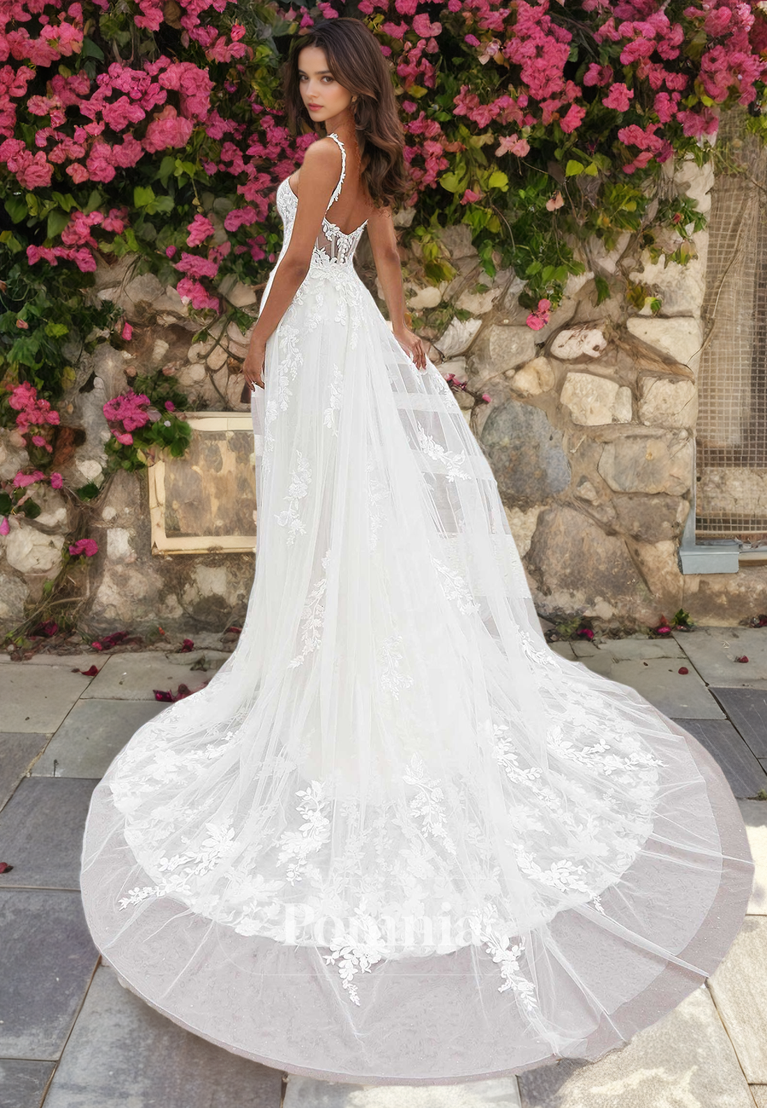 Unique Straps Detachable Train Lace Appliques Sleeveless Long Boho Wedding Dress